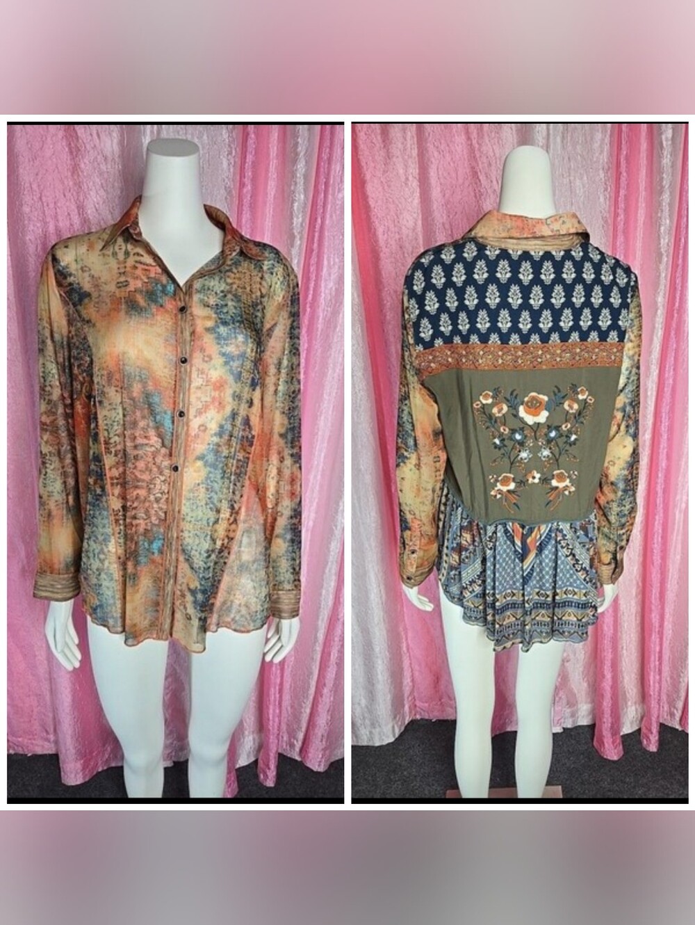 John Mark Colorful Floral Embroidered Semi-Sheer Tunic Blouse Size Medium